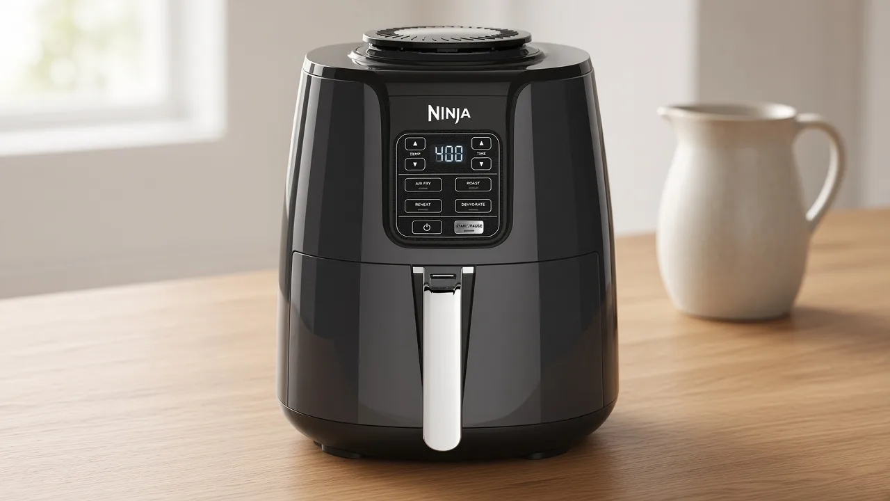 Grey Ninja 4-quart air fryer with a single basket on a kitchen counter.