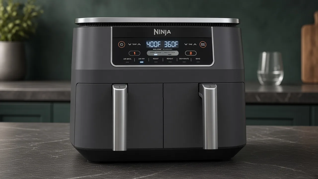 Ninja 8-quart dual-zone air fryer with two side-by-side baskets on a kitchen counter.