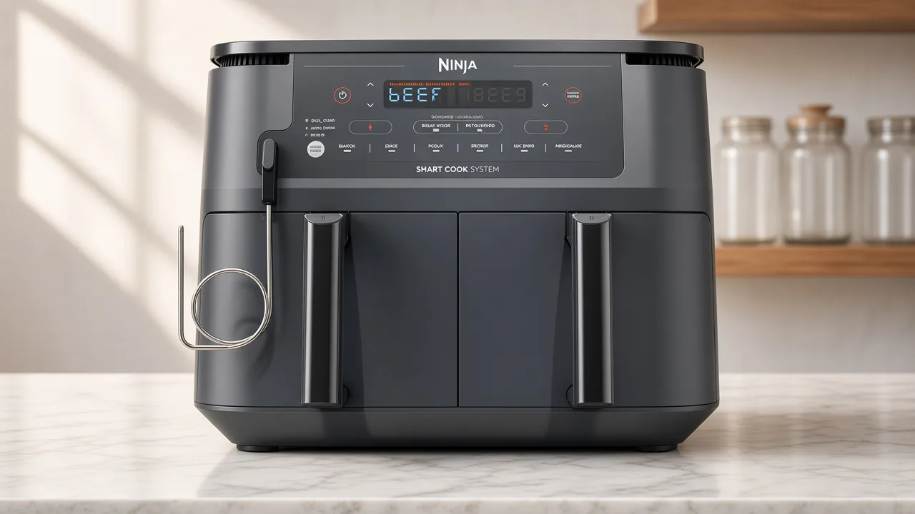 Ninja 10-quart dual-zone air fryer with two baskets and a food probe stored on the left side.
